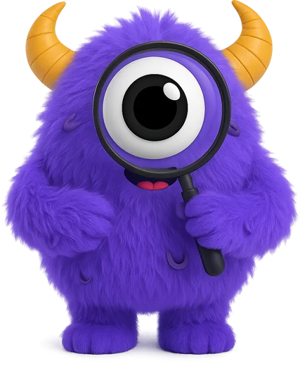 Bobo, the KidsOuting mascot, looking through a magnifying glass